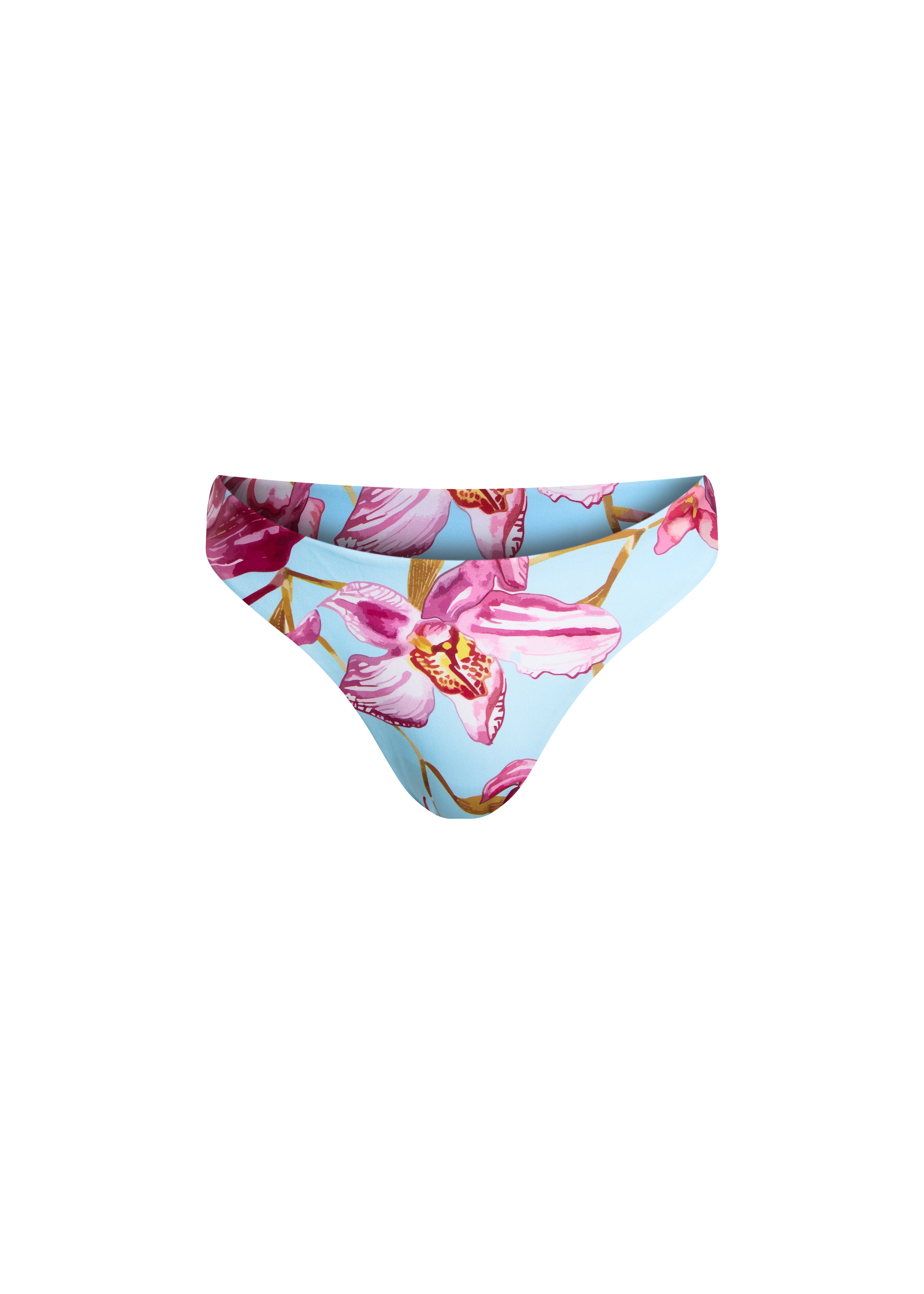 Bas de maillot de bain échancré bleu et rose motif fleuri